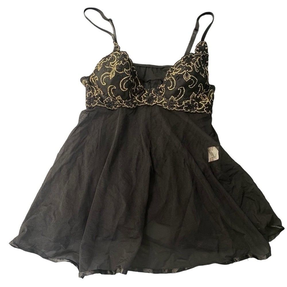VTG Shirley of Hollywood Black Gold Embroidered Babydoll Mini Slip Dress Size L